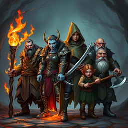 A fantasy team of four captivating characters, each showcasing their unique traits and abilities, set against an enchanting backdrop