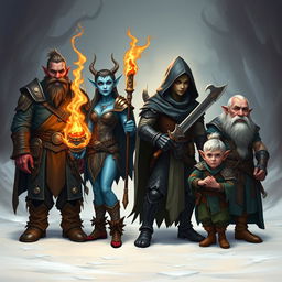 A fantasy team of four captivating characters, each showcasing their unique traits and abilities, set against an enchanting backdrop