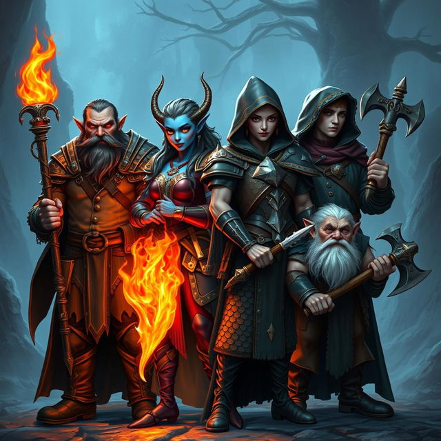 A fantasy team of four captivating characters, each showcasing their unique traits and abilities, set against an enchanting backdrop