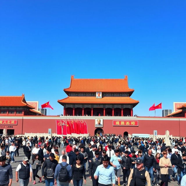 A bustling cityscape of Tiananmen Square in Beijing, China, capturing the vibrant atmosphere with people walking and traditional architecture in the background