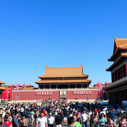 A bustling cityscape of Tiananmen Square in Beijing, China, capturing the vibrant atmosphere with people walking and traditional architecture in the background