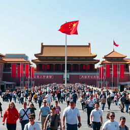 A bustling cityscape of Tiananmen Square in Beijing, China, capturing the vibrant atmosphere with people walking and traditional architecture in the background