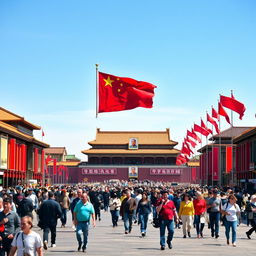 A bustling cityscape of Tiananmen Square in Beijing, China, capturing the vibrant atmosphere with people walking and traditional architecture in the background