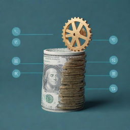 A visual representation featuring a stack of money with 70% removed, showcasing cost reduction, next to a highly efficient gear. Incorporate large icons of 70% near the money stack, and 15% near the gear, underlining the magnitude of improvements.