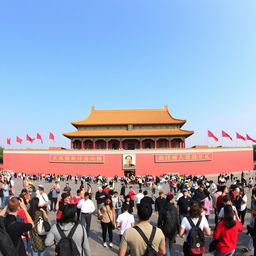 A wide-angle view of Tiananmen Square in Beijing, showcasing the grandeur and historical significance of one of China's most iconic public spaces