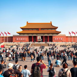 A wide-angle view of Tiananmen Square in Beijing, showcasing the grandeur and historical significance of one of China's most iconic public spaces