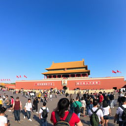 A wide-angle view of Tiananmen Square in Beijing, showcasing the grandeur and historical significance of one of China's most iconic public spaces