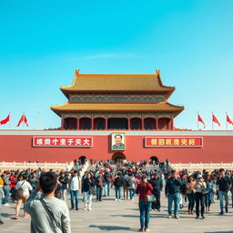 A wide-angle view of Tiananmen Square in Beijing, showcasing the grandeur and historical significance of one of China's most iconic public spaces