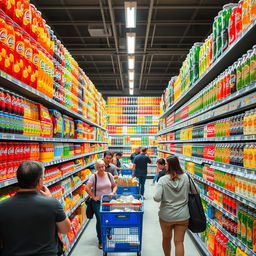 A bustling supermarket aisle dedicated to an extensive and vibrant selection of drinks