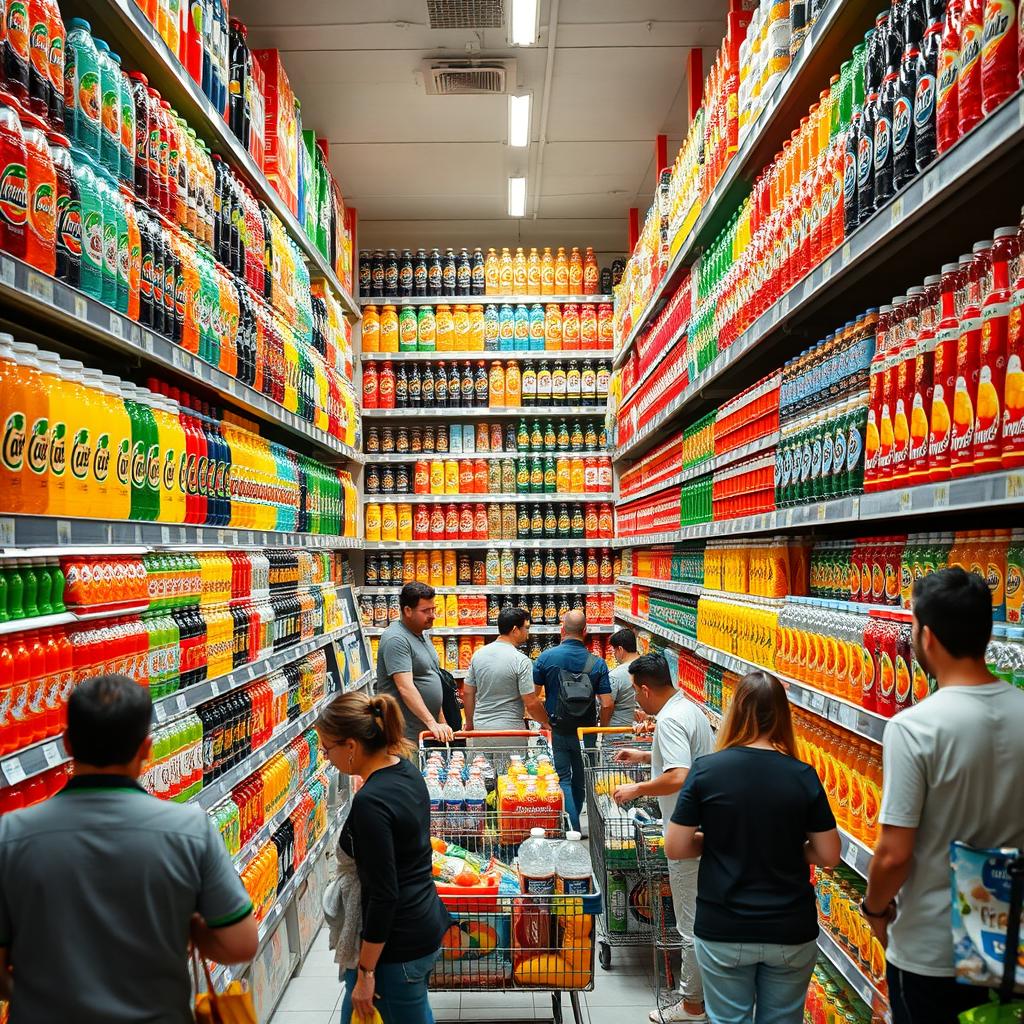 A bustling supermarket aisle dedicated to an extensive and vibrant selection of drinks