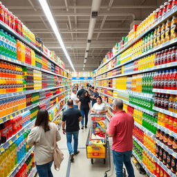 A bustling supermarket aisle dedicated to an extensive and vibrant selection of drinks