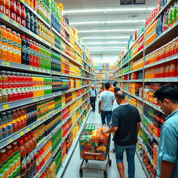 A bustling supermarket aisle dedicated to an extensive and vibrant selection of drinks