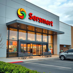 A modern supermarket building with sleek, contemporary architecture