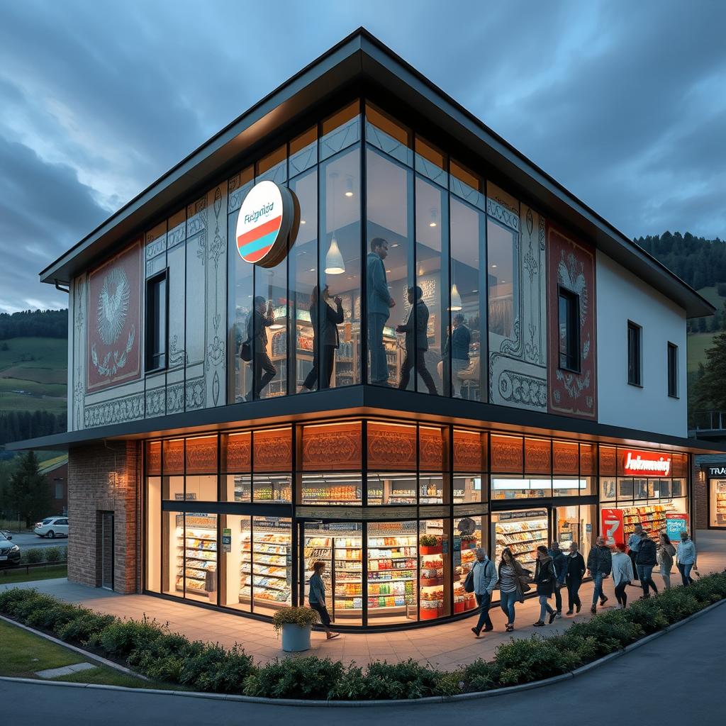 A modern supermarket building located at the intersection of Romania, Hungary, and Slovakia, showcasing elements of architectural styles unique to the region