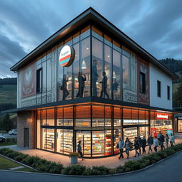 A modern supermarket building located at the intersection of Romania, Hungary, and Slovakia, showcasing elements of architectural styles unique to the region