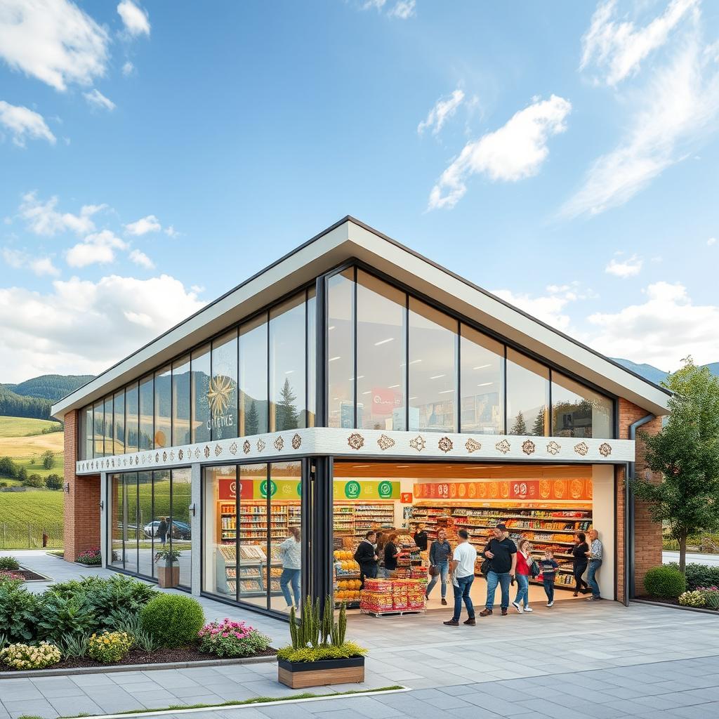 A modern supermarket building located at the intersection of Romania, Hungary, and Slovakia, showcasing elements of architectural styles unique to the region