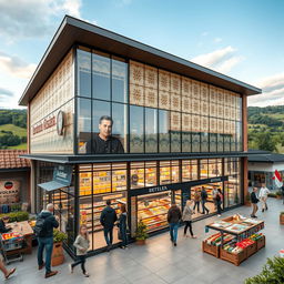 A modern supermarket building located at the intersection of Romania, Hungary, and Slovakia, showcasing elements of architectural styles unique to the region