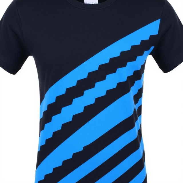 A stylish t-shirt with a bold black and blue zigzag pattern, designed to catch the eye