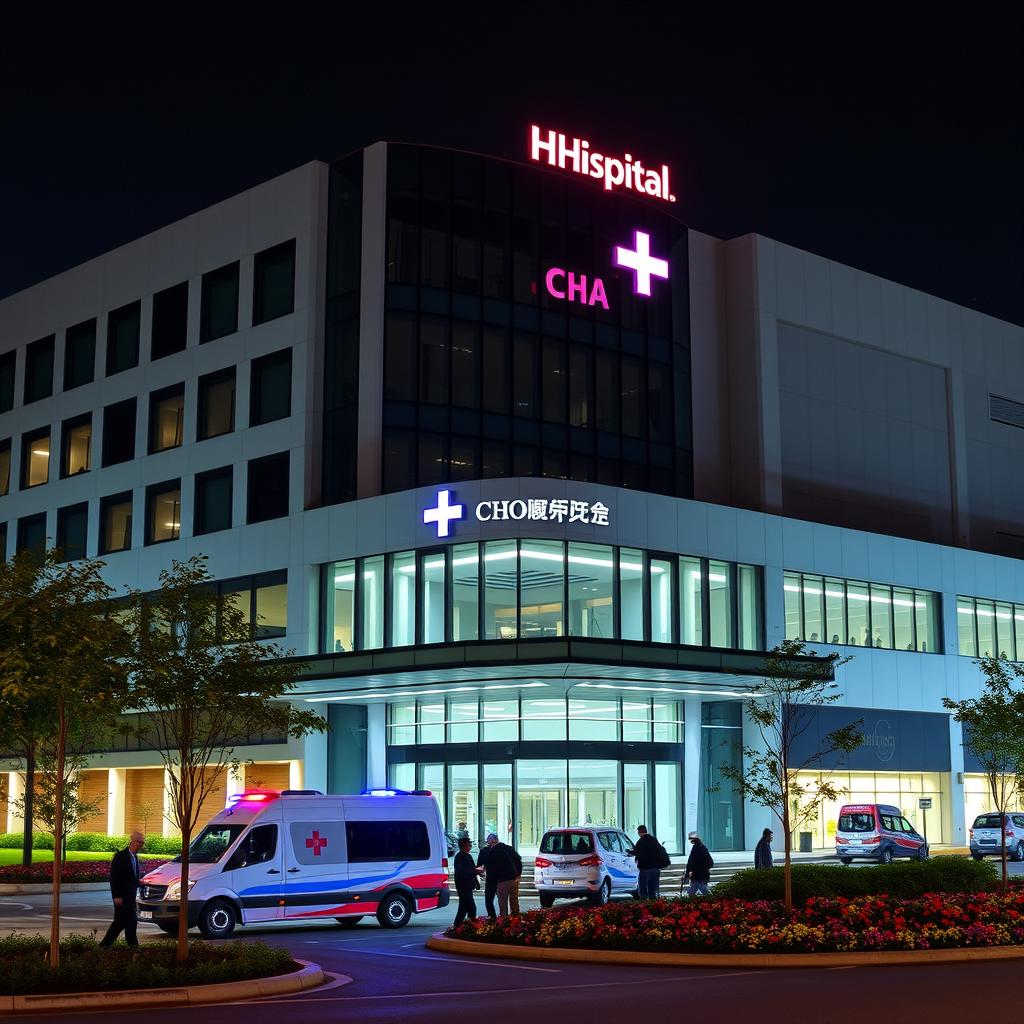 A modern hospital building with sleek architecture, featuring clean lines and a combination of glass and concrete materials