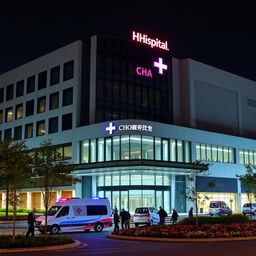 A modern hospital building with sleek architecture, featuring clean lines and a combination of glass and concrete materials