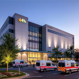 A modern hospital building with sleek architecture, featuring clean lines and a combination of glass and concrete materials