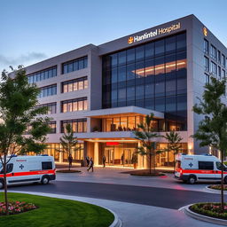 A modern hospital building with sleek architecture, featuring clean lines and a combination of glass and concrete materials