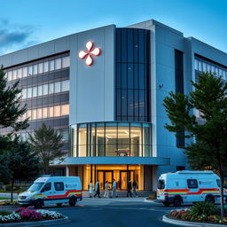 A modern hospital building with sleek architecture, featuring clean lines and a combination of glass and concrete materials