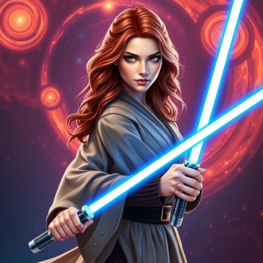 A stunning and confident female Jedi padawan with wavy auburn hair, wearing a sleek and modern Jedi robe designed for agility and elegance