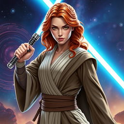 A stunning and confident female Jedi padawan with wavy auburn hair, wearing a sleek and modern Jedi robe designed for agility and elegance