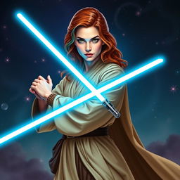 A stunning and confident female Jedi padawan with wavy auburn hair, wearing a sleek and modern Jedi robe designed for agility and elegance