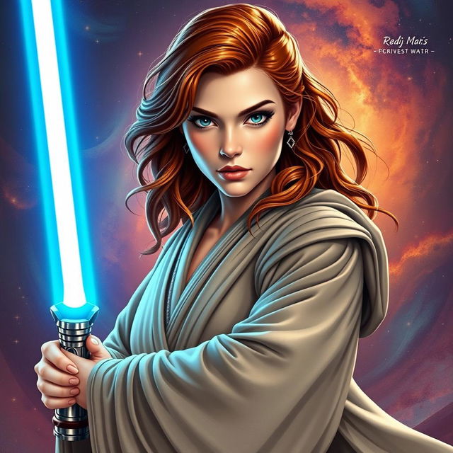 A stunning and confident female Jedi padawan with wavy auburn hair, wearing a sleek and modern Jedi robe designed for agility and elegance