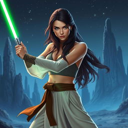 A stunning and confident female Jedi padawan with long flowing brunette hair, wearing a creatively designed Jedi outfit that balances allure with practicality