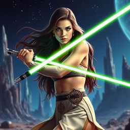 A stunning and confident female Jedi padawan with long flowing brunette hair, wearing a creatively designed Jedi outfit that balances allure with practicality