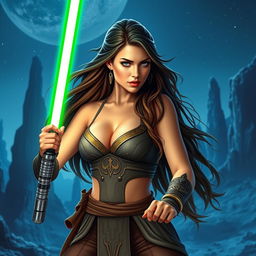 A stunning and confident female Jedi padawan with long flowing brunette hair, wearing a creatively designed Jedi outfit that balances allure with practicality