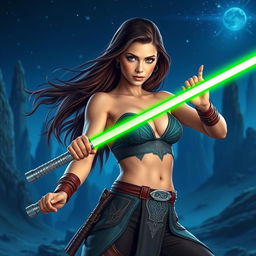 A stunning and confident female Jedi padawan with long flowing brunette hair, wearing a creatively designed Jedi outfit that balances allure with practicality