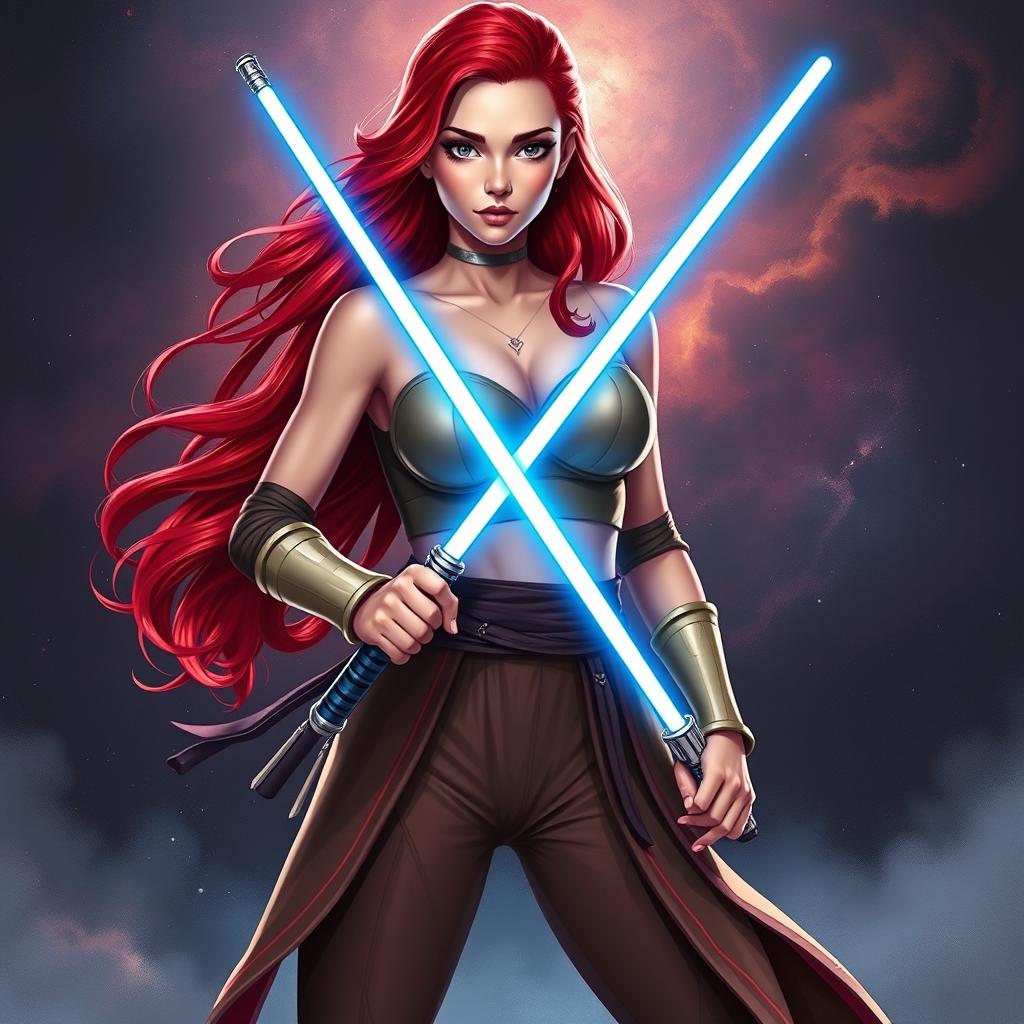 A captivating and confident female Jedi padawan with striking red hair cascading over her shoulders