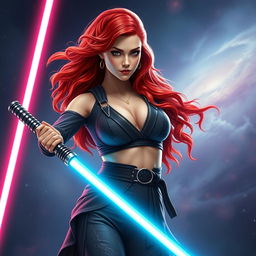 A captivating and confident female Jedi padawan with striking red hair cascading over her shoulders