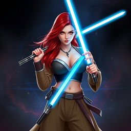 A captivating and confident female Jedi padawan with striking red hair cascading over her shoulders