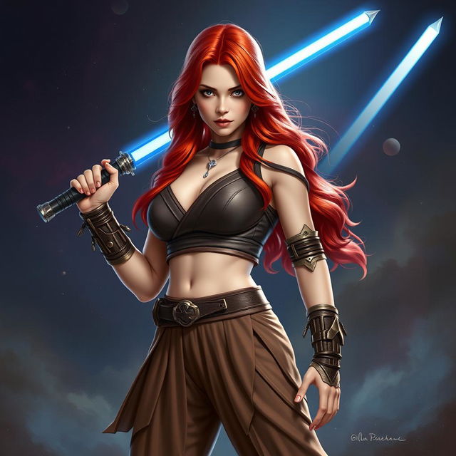 A captivating and confident female Jedi padawan with striking red hair cascading over her shoulders