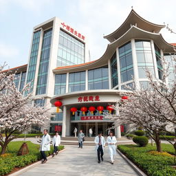 A modern hospital building in China, featuring a blend of contemporary and traditional Chinese architectural elements