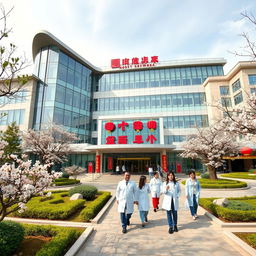 A modern hospital building in China, featuring a blend of contemporary and traditional Chinese architectural elements