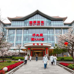 A modern hospital building in China, featuring a blend of contemporary and traditional Chinese architectural elements