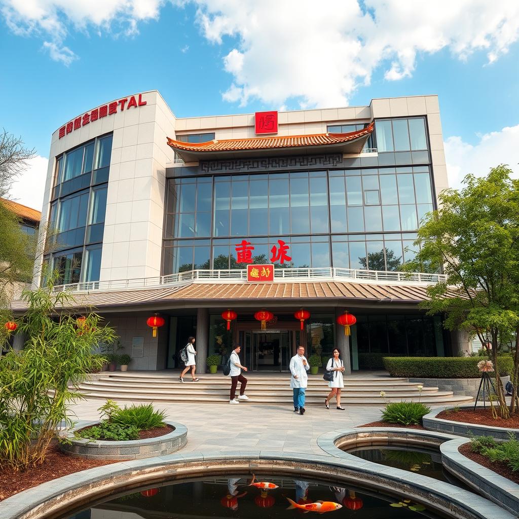 A modern hospital building located in China, combining sleek, contemporary architecture with subtle traditional Chinese elements