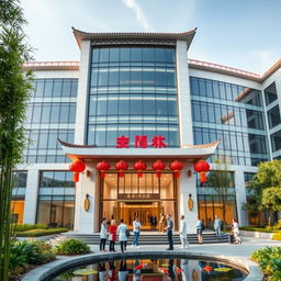 A modern hospital building located in China, combining sleek, contemporary architecture with subtle traditional Chinese elements