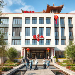 A modern hospital building located in China, combining sleek, contemporary architecture with subtle traditional Chinese elements