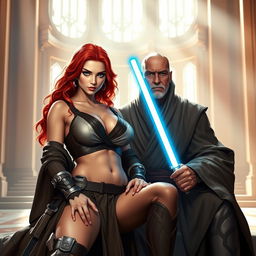 A captivating and bold female Jedi padawan with striking red hair and a sense of intrigue in her eyes