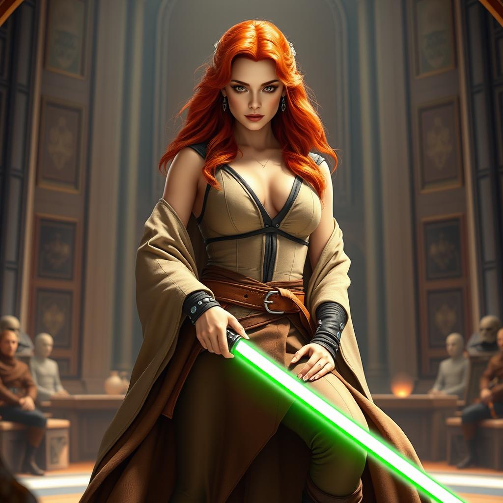 A striking and powerful female Jedi padawan with beautiful red hair, confidently aboard her Jedi master's lap in a fully composed and balanced pose