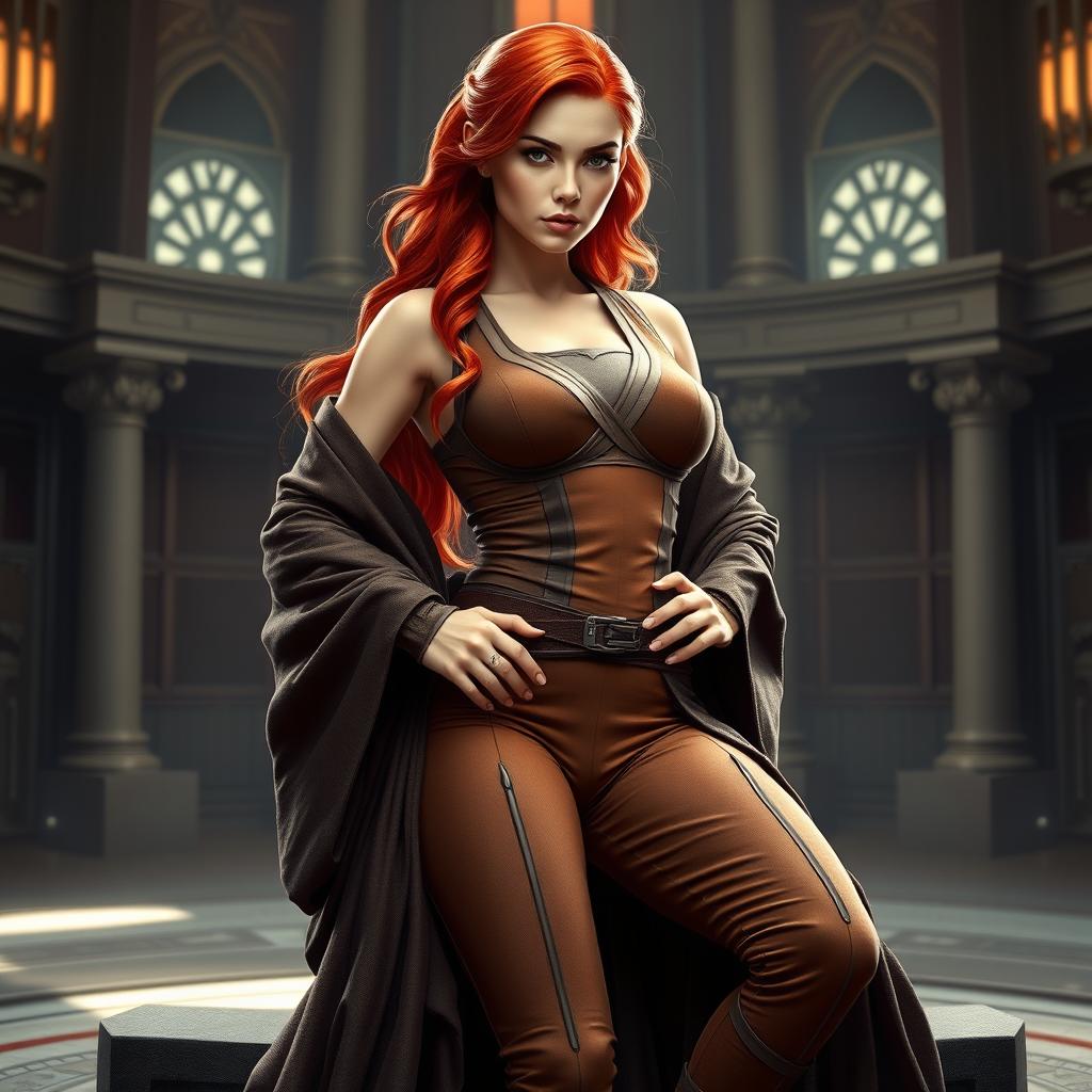 A striking and powerful female Jedi padawan with beautiful red hair, confidently aboard her Jedi master's lap in a fully composed and balanced pose