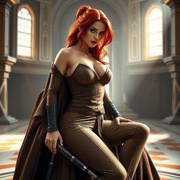 A striking and powerful female Jedi padawan with beautiful red hair, confidently aboard her Jedi master's lap in a fully composed and balanced pose