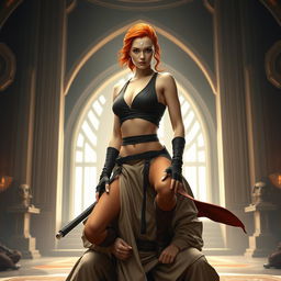 A striking and powerful female Jedi padawan with beautiful red hair, confidently aboard her Jedi master's lap in a fully composed and balanced pose